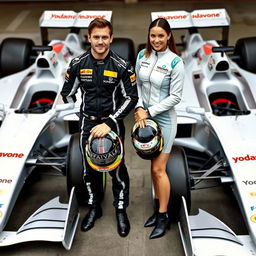 A male and female Formula 1 driver standing together, both holding their helmets in a confident pose