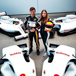 A male and female Formula 1 driver standing together, both holding their helmets in a confident pose