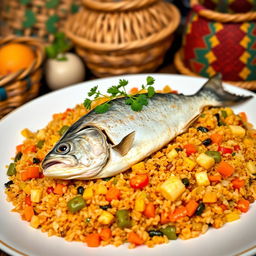 A beautifully plated Thieboudienne, a traditional Senegalese dish featuring a delicate fish fillet resting on a bed of vibrant, colorful rice