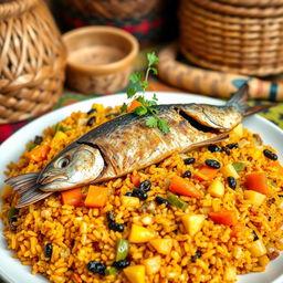 A beautifully plated Thieboudienne, a traditional Senegalese dish featuring a delicate fish fillet resting on a bed of vibrant, colorful rice