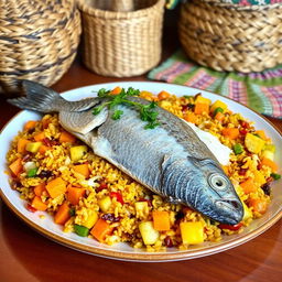A beautifully plated Thieboudienne, a traditional Senegalese dish featuring a delicate fish fillet resting on a bed of vibrant, colorful rice