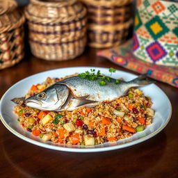 A beautifully plated Thieboudienne, a traditional Senegalese dish featuring a delicate fish fillet resting on a bed of vibrant, colorful rice
