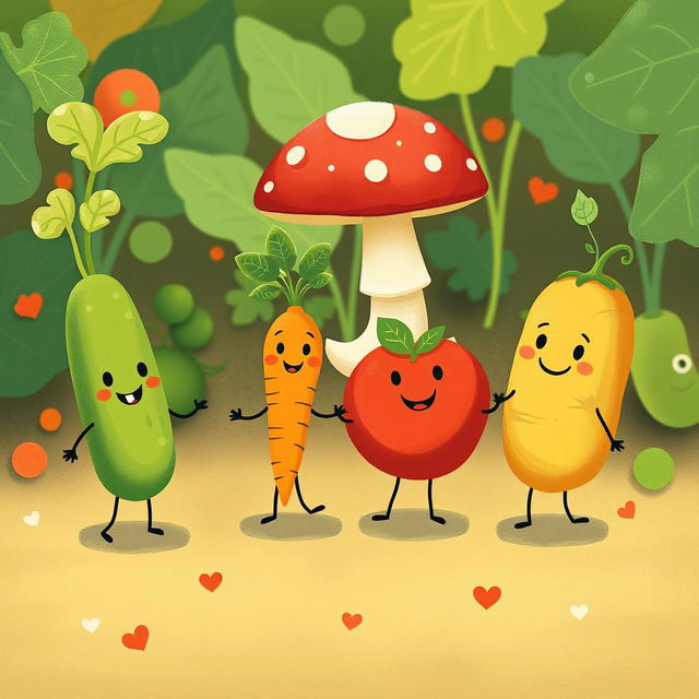 In the morning garden, a cute cucumber, an adorable carrot, a charming mushroom, a lovable tomato, and a friendly potato are joyfully holding hands, creating a heartwarming scene