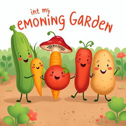 In the morning garden, a cute cucumber, an adorable carrot, a charming mushroom, a lovable tomato, and a friendly potato are joyfully holding hands, creating a heartwarming scene