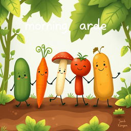 In the morning garden, a cute cucumber, an adorable carrot, a charming mushroom, a lovable tomato, and a friendly potato are joyfully holding hands, creating a heartwarming scene