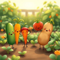 In the morning garden, a cute cucumber, an adorable carrot, a charming mushroom, a lovable tomato, and a friendly potato are joyfully holding hands, creating a heartwarming scene