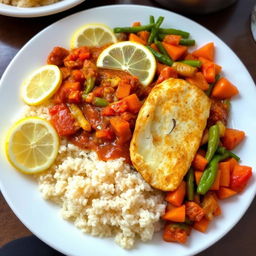 A vibrant and appetizing plate of Thieboudienne, a traditional Senegalese dish, featuring rice cooked with a rich tomato sauce, vegetables, and spices, but with the fish replaced by delicate fish fillet