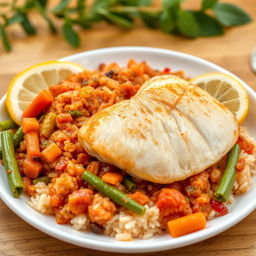 A vibrant and appetizing plate of Thieboudienne, a traditional Senegalese dish, featuring rice cooked with a rich tomato sauce, vegetables, and spices, but with the fish replaced by delicate fish fillet