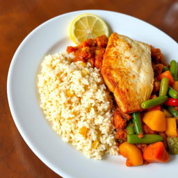 A vibrant and appetizing plate of Thieboudienne, a traditional Senegalese dish, featuring rice cooked with a rich tomato sauce, vegetables, and spices, but with the fish replaced by delicate fish fillet