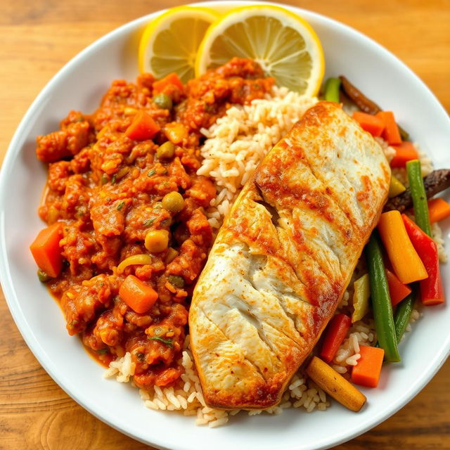 A vibrant and appetizing plate of Thieboudienne, a traditional Senegalese dish, featuring rice cooked with a rich tomato sauce, vegetables, and spices, but with the fish replaced by delicate fish fillet