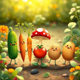 In the morning garden, a cute cucumber, an adorable carrot, a charming mushroom, a lovable tomato, and a friendly potato are joyfully holding hands in a heartwarming scene