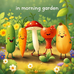 In the morning garden, a cute cucumber, an adorable carrot, a charming mushroom, a lovable tomato, and a friendly potato are joyfully holding hands in a heartwarming scene