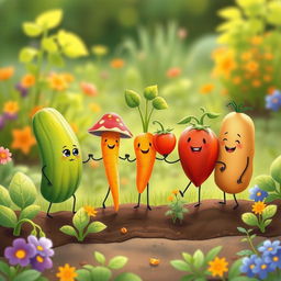 In the morning garden, a cute cucumber, an adorable carrot, a charming mushroom, a lovable tomato, and a friendly potato are joyfully holding hands in a heartwarming scene