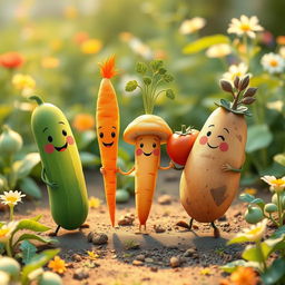 In the morning garden, a cute cucumber, an adorable carrot, a charming mushroom, a lovable tomato, and a friendly potato are joyfully holding hands in a heartwarming scene