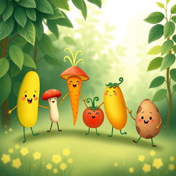 In the morning garden, a cute cucumber, an adorable carrot, a charming mushroom, a lovable tomato, and a friendly potato are joyfully holding hands, creating a heartwarming scene