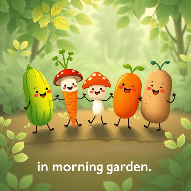 In the morning garden, a cute cucumber, an adorable carrot, a charming mushroom, a lovable tomato, and a friendly potato are joyfully holding hands, creating a heartwarming scene