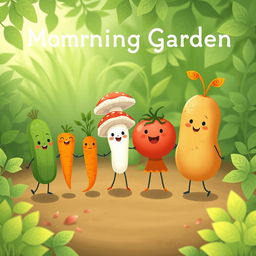 In the morning garden, a cute cucumber, an adorable carrot, a charming mushroom, a lovable tomato, and a friendly potato are joyfully holding hands, creating a heartwarming scene