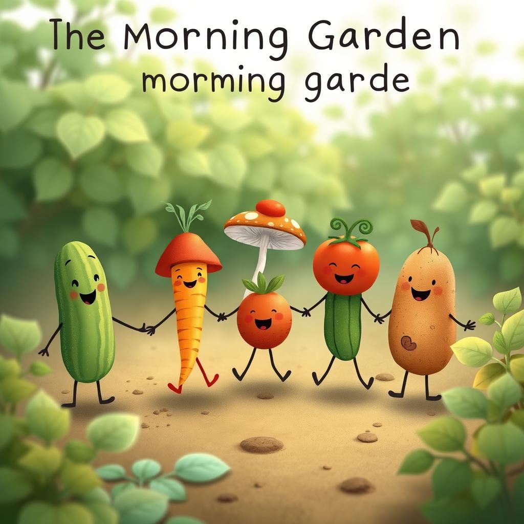 In the morning garden, a cute cucumber, an adorable carrot, a charming mushroom, a lovable tomato, and a friendly potato are joyfully holding hands, creating a heartwarming scene