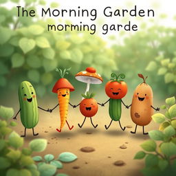 In the morning garden, a cute cucumber, an adorable carrot, a charming mushroom, a lovable tomato, and a friendly potato are joyfully holding hands, creating a heartwarming scene