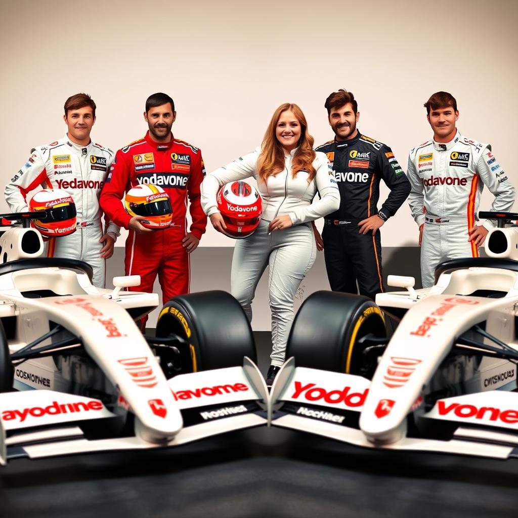 A dynamic scene featuring four Formula 1 drivers, three male and one female, all standing together