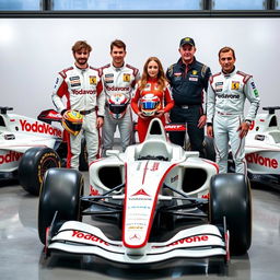 A dynamic scene featuring four Formula 1 drivers, three male and one female, all standing together