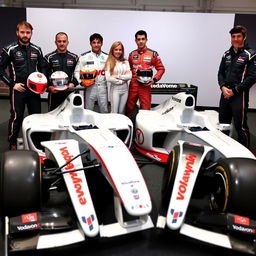 A dynamic scene featuring four Formula 1 drivers, three male and one female, all standing together