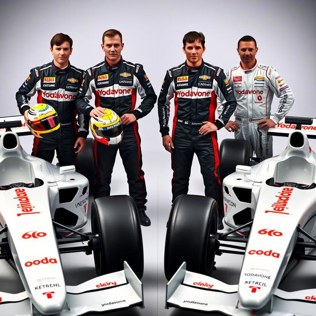 A dynamic scene featuring four Formula 1 drivers, three male and one female, all standing together