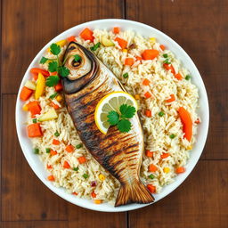 A beautifully arranged Thieboudienne dish featuring a vibrant and colorful presentation