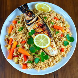 A beautifully arranged Thieboudienne dish featuring a vibrant and colorful presentation