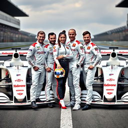 Four F1 drivers, three male and one female, are posing together on the racetrack
