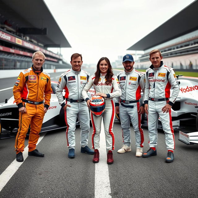 Four F1 drivers, three male and one female, are posing together on the racetrack