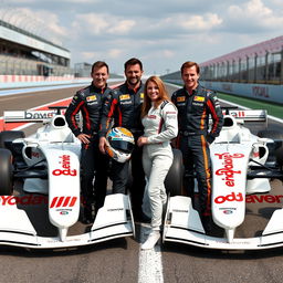 Four F1 drivers, three male and one female, are posing together on the racetrack