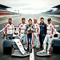 Four F1 drivers, three male and one female, are posing together on the racetrack