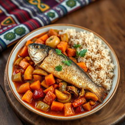 A beautifully plated dish of Thieboudienne, a traditional Senegalese meal, featuring a vibrant array of colorful vegetables like carrots, bell peppers, and cabbage, cooked in a rich, flavorful tomato sauce
