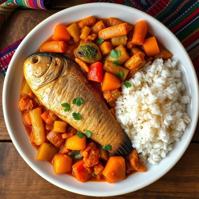 A beautifully plated dish of Thieboudienne, a traditional Senegalese meal, featuring a vibrant array of colorful vegetables like carrots, bell peppers, and cabbage, cooked in a rich, flavorful tomato sauce