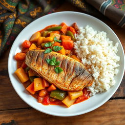 A beautifully plated dish of Thieboudienne, a traditional Senegalese meal, featuring a vibrant array of colorful vegetables like carrots, bell peppers, and cabbage, cooked in a rich, flavorful tomato sauce