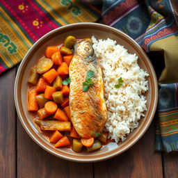 A beautifully plated dish of Thieboudienne, a traditional Senegalese meal, featuring a vibrant array of colorful vegetables like carrots, bell peppers, and cabbage, cooked in a rich, flavorful tomato sauce