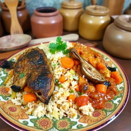 A beautifully arranged plate of Thieboudienne, the traditional Senegalese dish, featuring a generous serving of well-cooked rice mixed with tomato sauce, fresh vegetables like cabbage, carrots, and eggplant, alongside succulent pieces of fish (typically bony fish such as 'thiof') marinated and fried to golden perfection