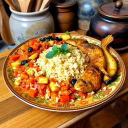 A beautifully arranged plate of Thieboudienne, the traditional Senegalese dish, featuring a generous serving of well-cooked rice mixed with tomato sauce, fresh vegetables like cabbage, carrots, and eggplant, alongside succulent pieces of fish (typically bony fish such as 'thiof') marinated and fried to golden perfection