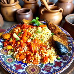 A beautifully arranged plate of Thieboudienne, the traditional Senegalese dish, featuring a generous serving of well-cooked rice mixed with tomato sauce, fresh vegetables like cabbage, carrots, and eggplant, alongside succulent pieces of fish (typically bony fish such as 'thiof') marinated and fried to golden perfection
