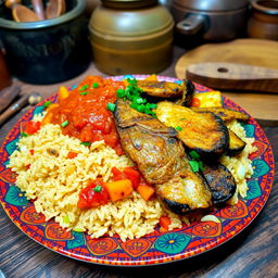 A beautifully arranged plate of Thieboudienne, the traditional Senegalese dish, featuring a generous serving of well-cooked rice mixed with tomato sauce, fresh vegetables like cabbage, carrots, and eggplant, alongside succulent pieces of fish (typically bony fish such as 'thiof') marinated and fried to golden perfection