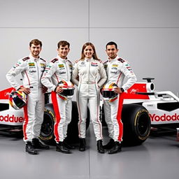 Four Formula 1 drivers posing confidently, three male and one female, with the male drivers holding their helmets under one arm