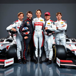 Four Formula 1 drivers posing confidently, three male and one female, with the male drivers holding their helmets under one arm