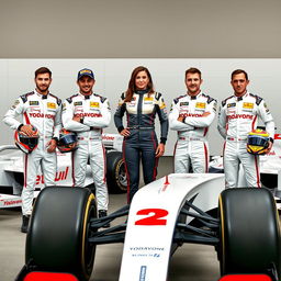 Four Formula 1 drivers posing confidently, three male and one female, with the male drivers holding their helmets under one arm