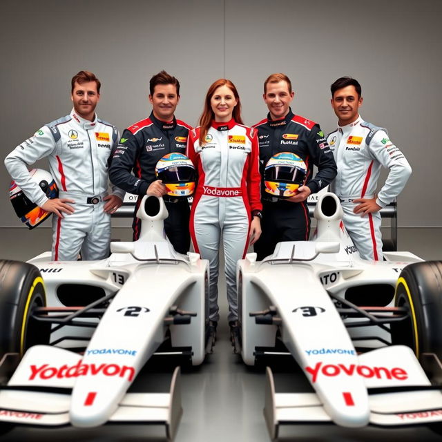 Four Formula 1 drivers posing confidently, three male and one female, with the male drivers holding their helmets under one arm