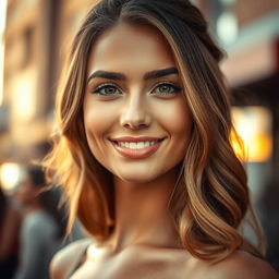 A beautiful woman with striking features, a captivating expression, and a symmetrical face, showcasing a radiant smile and expressive eyes