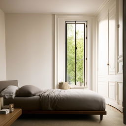 A chic bedroom with a bed lying right on the floor, neatly made with cozy linens, situated beneath a very small, elegantly framed window on the right, allowing a sparse stream of daylight to trickle in.