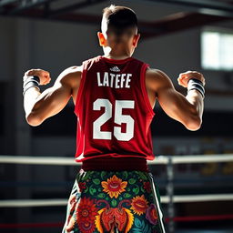 A 25-year-old Mexican Muay Thai fighter showcasing a powerful stance from the back view, wearing a sleeveless basketball jersey and vibrant Muay Thai short shorts