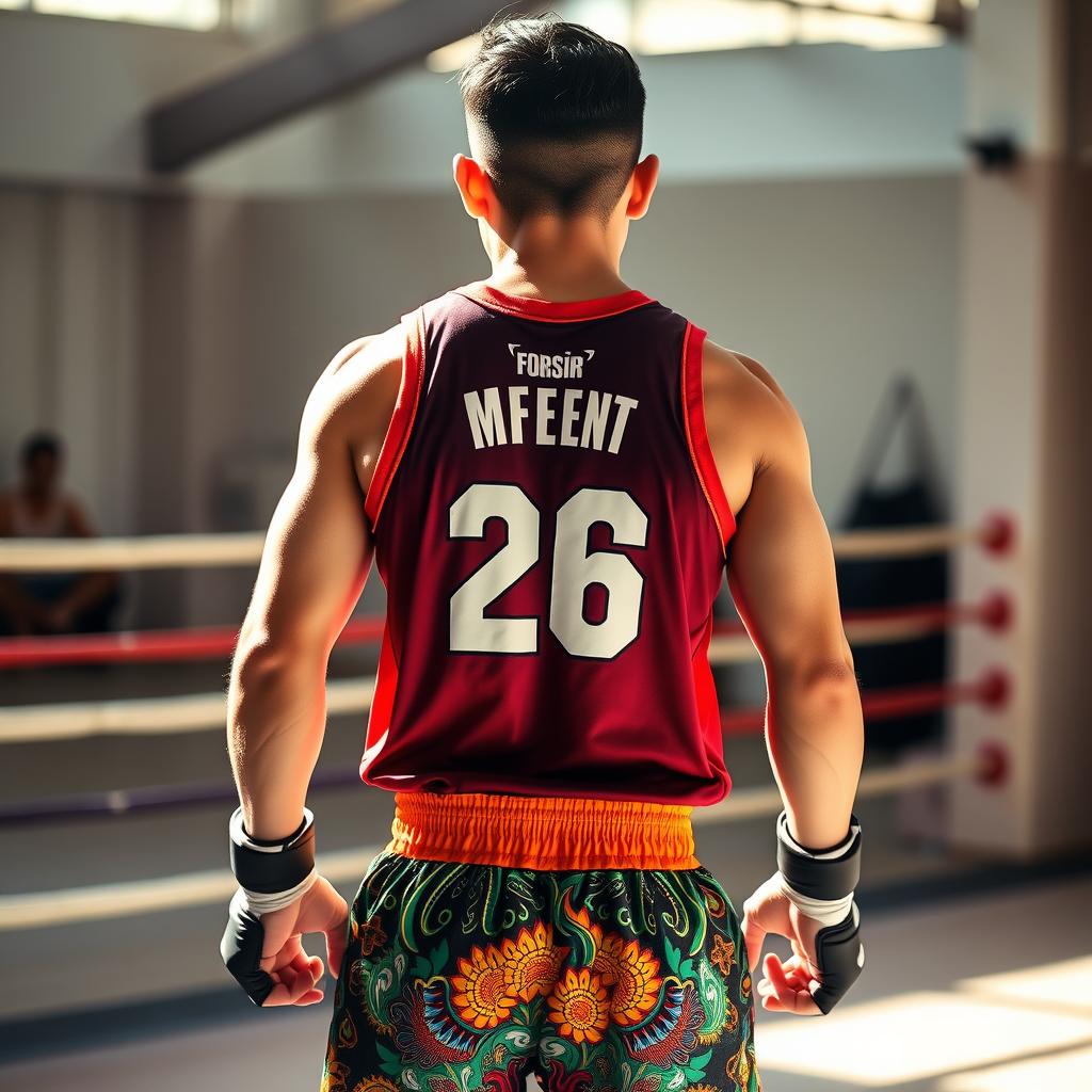 A 25-year-old Mexican Muay Thai fighter showcasing a powerful stance from the back view, wearing a sleeveless basketball jersey and vibrant Muay Thai short shorts