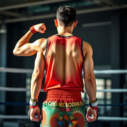 A 25-year-old Mexican Muay Thai fighter showcasing a powerful stance from the back view, wearing a sleeveless basketball jersey and vibrant Muay Thai short shorts